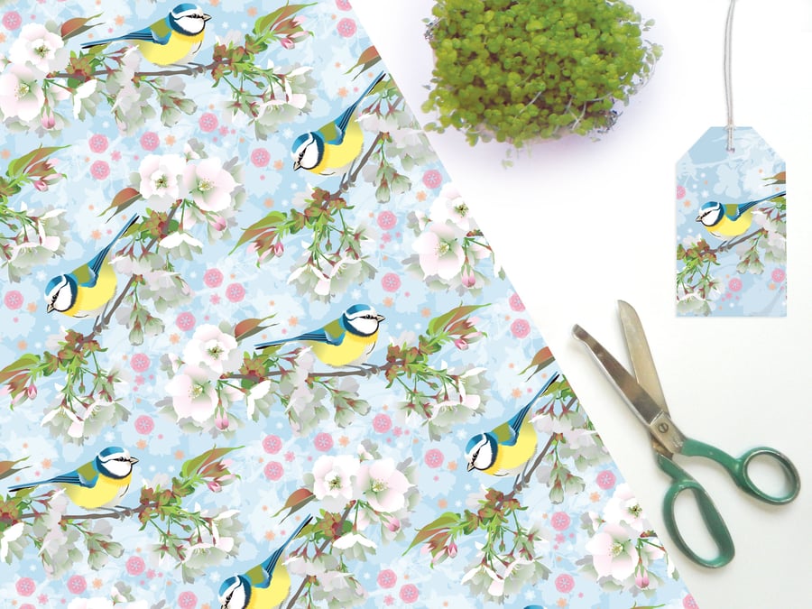 Bluetit & Cherry Blossom Spring Gift Wrap - British Bird, Eco Friendly