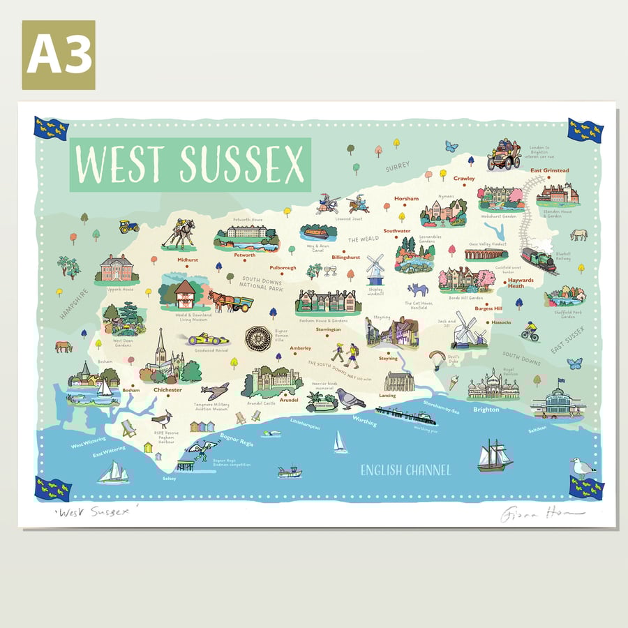 West Sussex illustrated map A3 poster by Fiona Horan, Worthing, Chichester