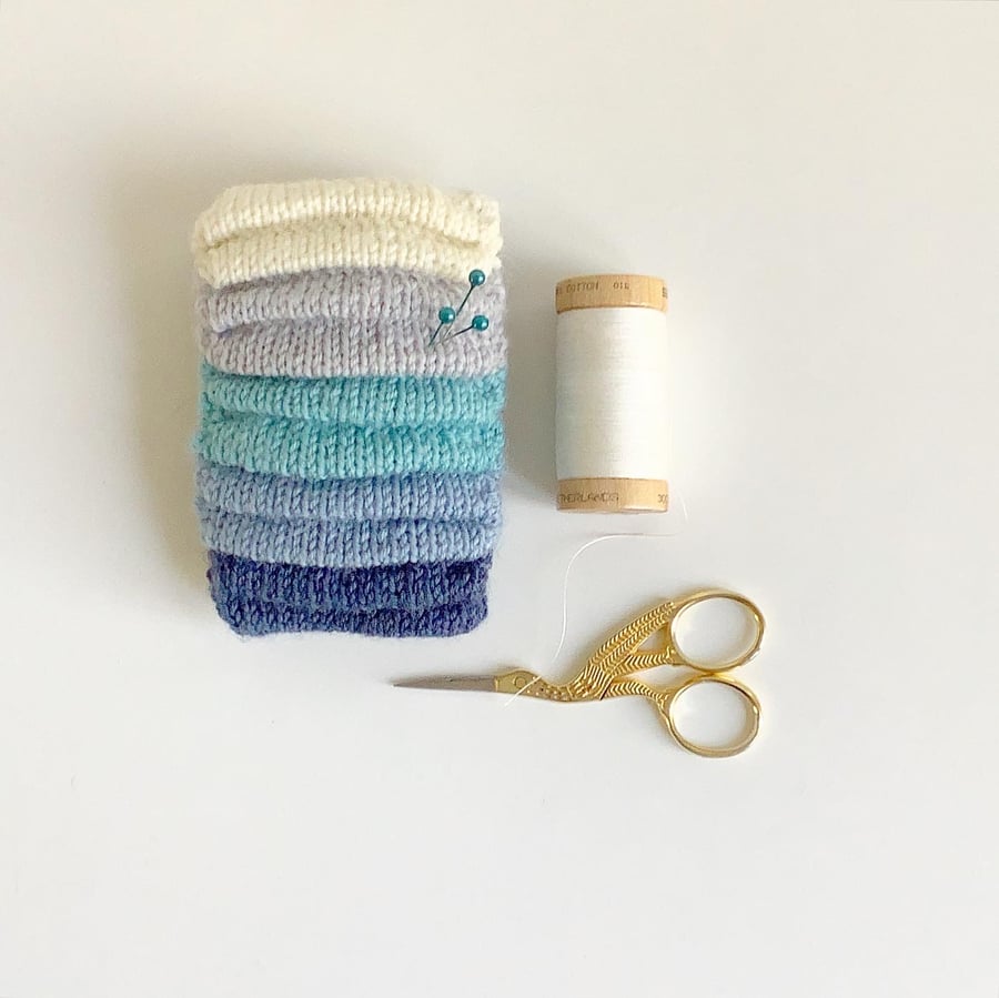 Pincushion, knitted pincushion, knitted blue waves