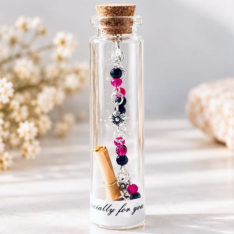 Hot Pink & Black Onyx Bracelet in a Bottle – Handmade Beaded Jewellery Gift