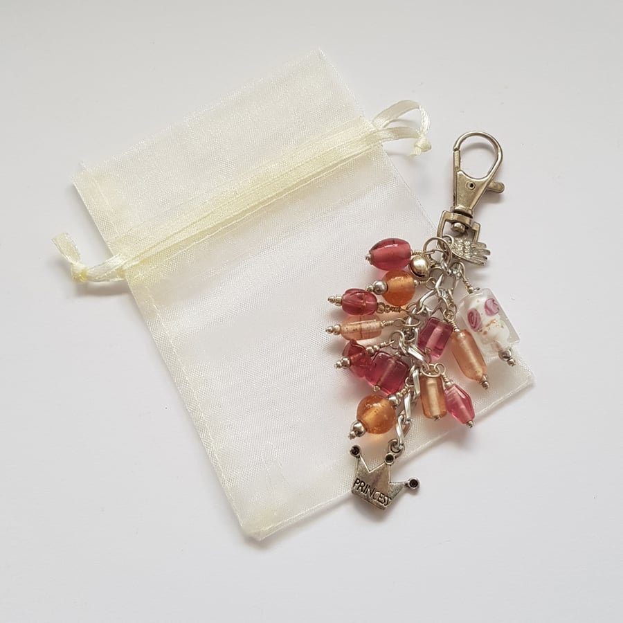 Pink Princess Bag Charm with Crown - Beaded Handbag Clip