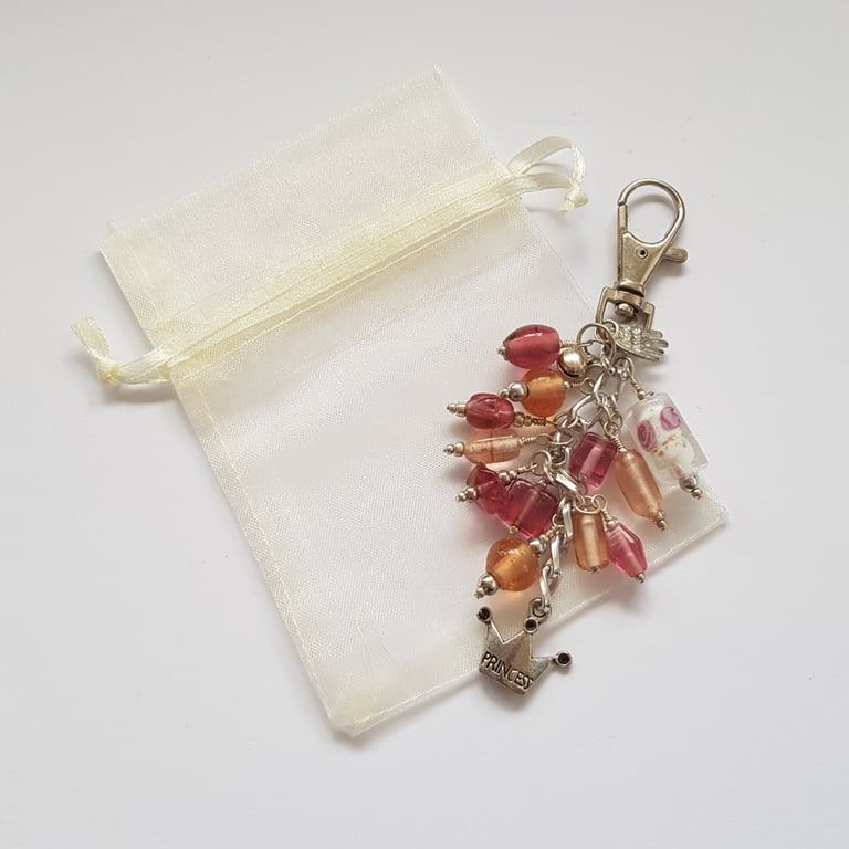 Pink Princess Bag Charm with Crown - Beaded Handbag Clip