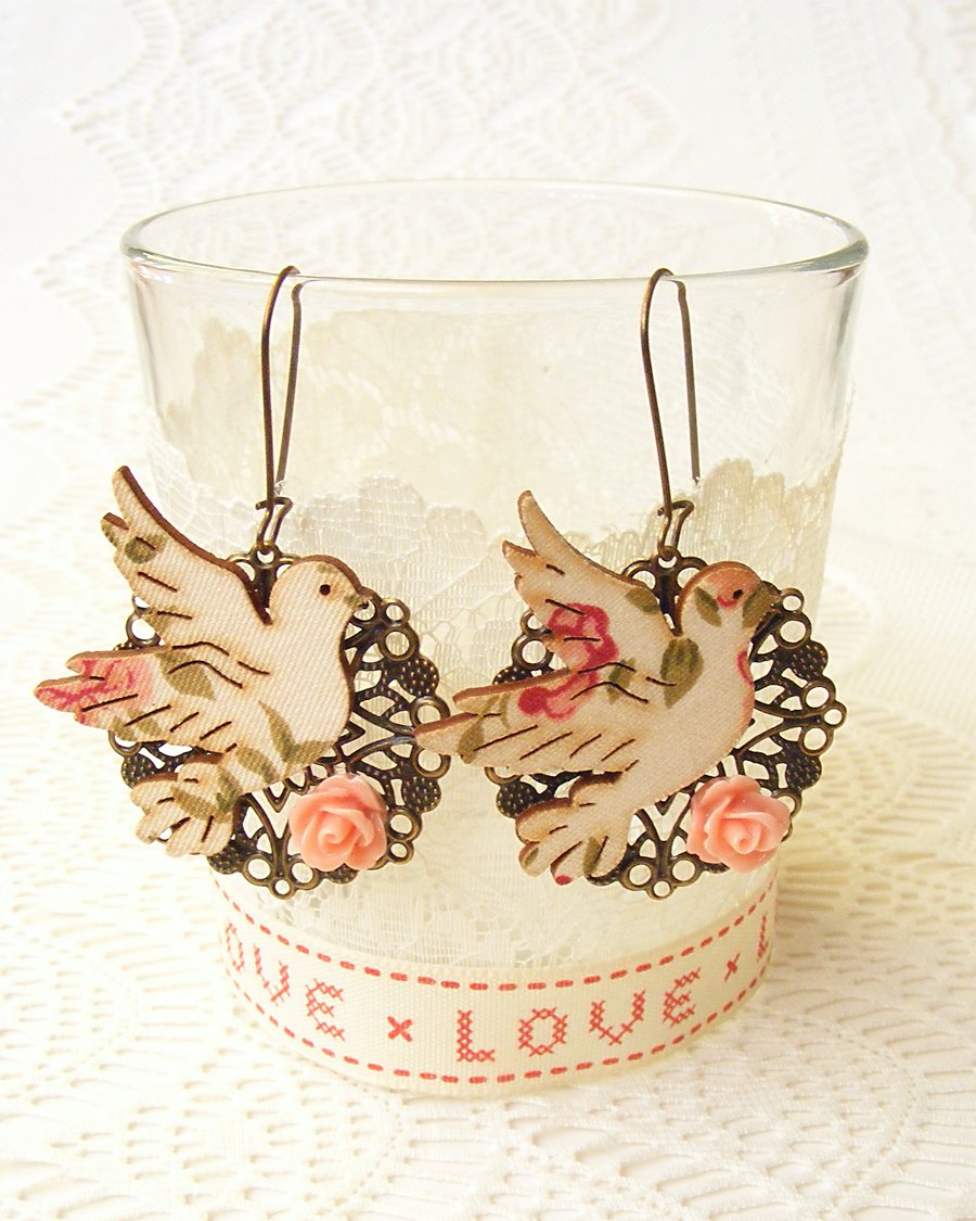 SALE! 20% off! Long Earrings with Decoupage Birds and Pink Roses