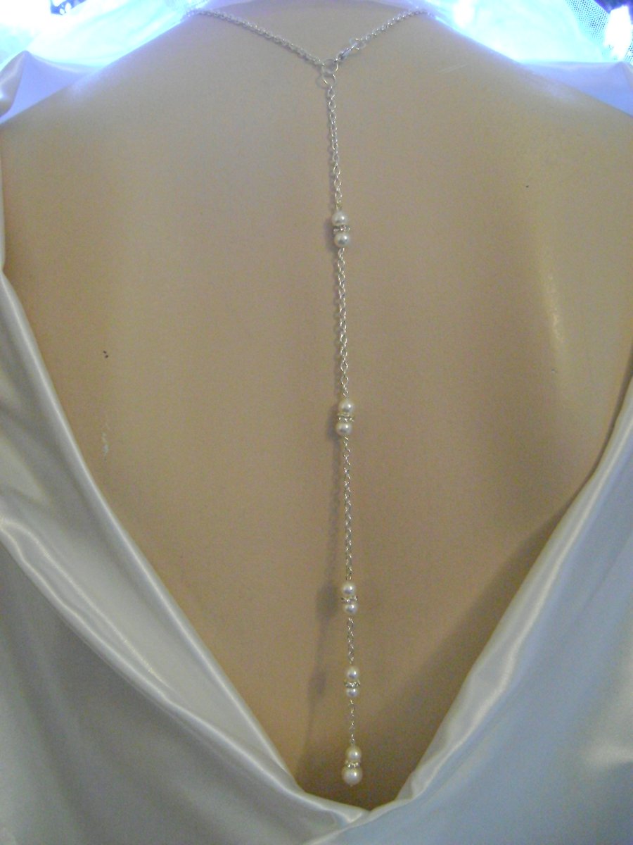 Long Backdrop White Pearl & Rhinestone Bridal Necklace