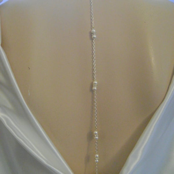 Long Backdrop White Pearl & Rhinestone Bridal Necklace