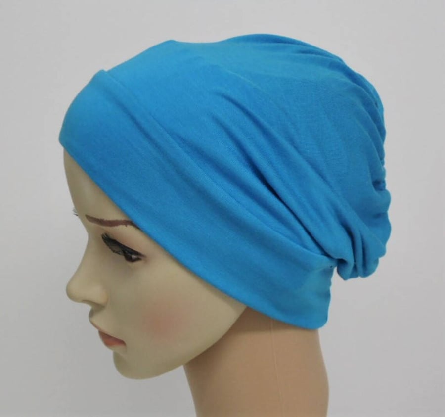 Turquoise lightweight viscose jersey beanie for women, chemo head wear