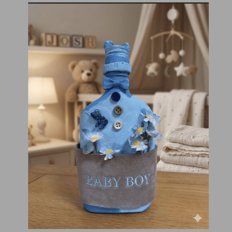 Personalised New Baby Keepsake Gift  Hand Sculpted Floral Art Bottle Custom Bir