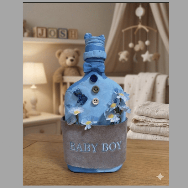 Personalised New Baby Keepsake Gift  Hand Sculpted Floral Art Bottle Custom Bir