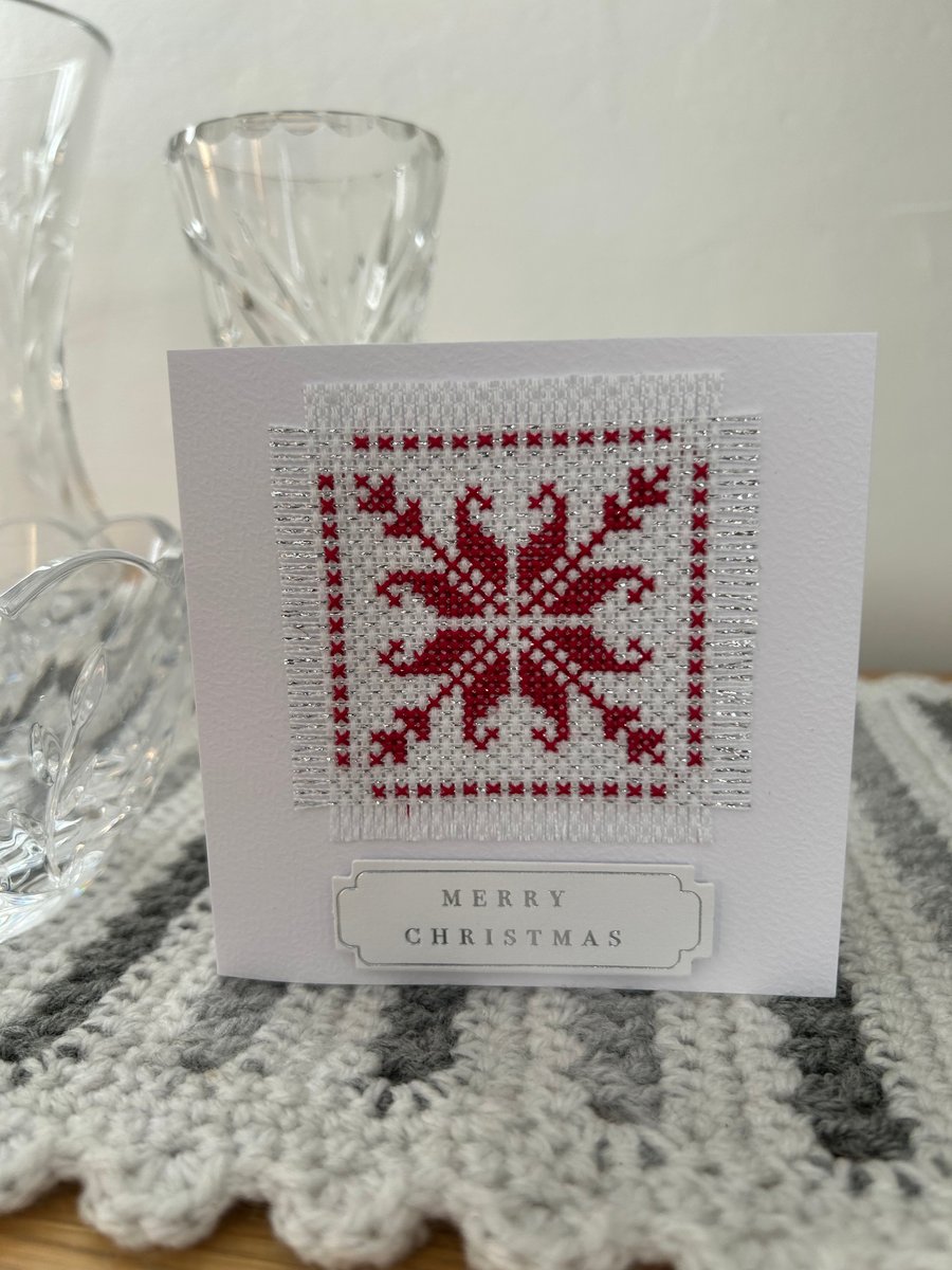 Christmas card cross stitch Scandinavian snowflake design 3 inch x 3inch 