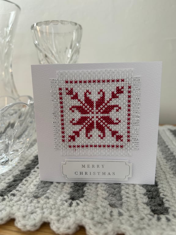 Christmas card cross stitch Scandinavian snowflake design 3 inch x 3inch 