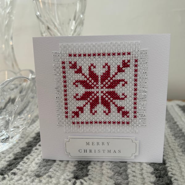 Christmas card cross stitch Scandinavian snowflake design 3 inch x 3inch 