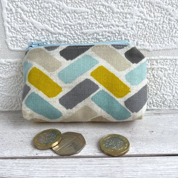 Coin Purse, Small Purse with Herringbone Pattern in Pale Blue and Mustard 