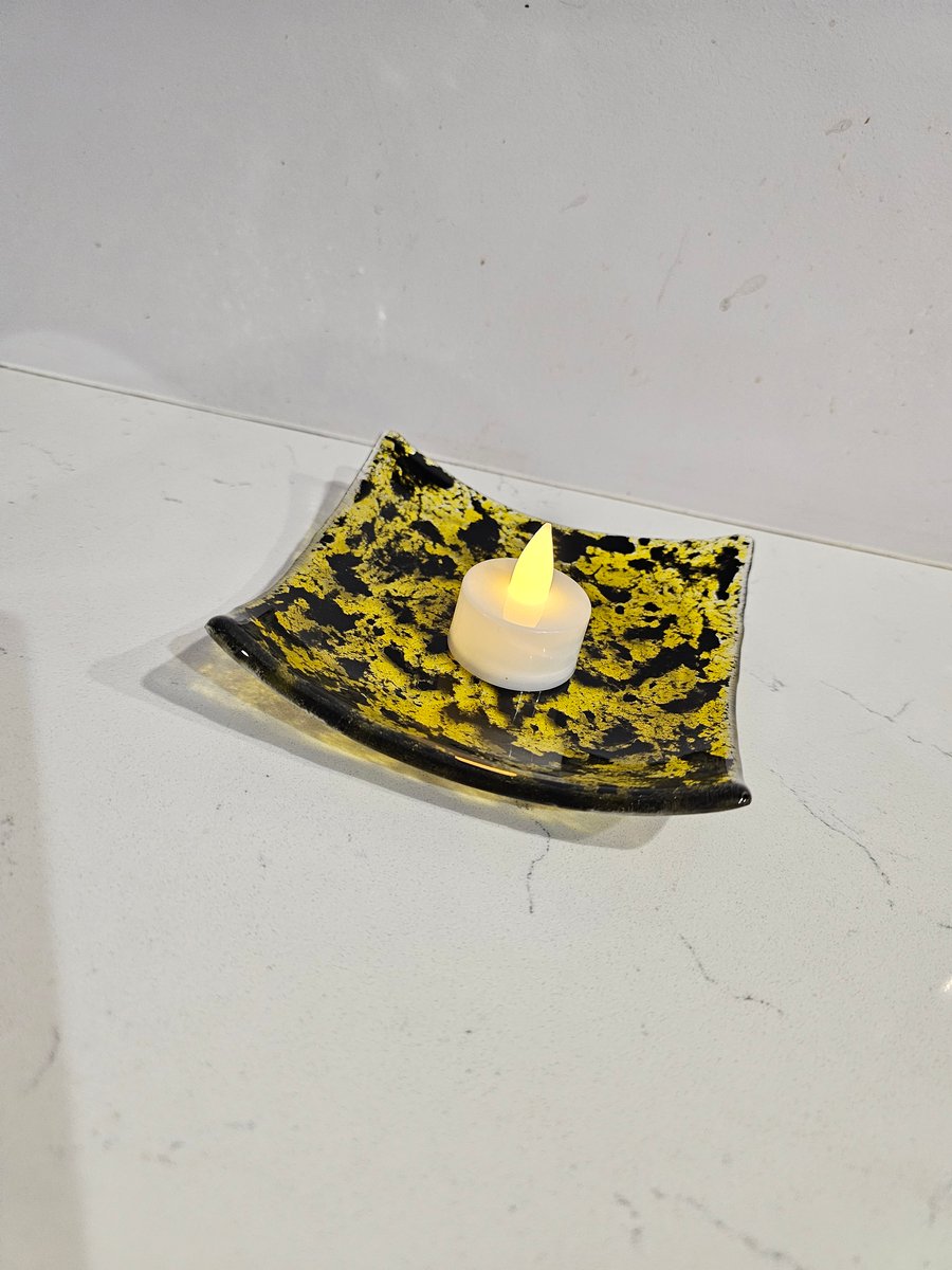 Fused Glass small  square decorative bowl - leopard