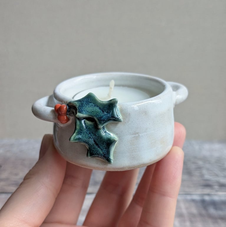 Small ceramic tealight holder with sculpted holly, white glaze