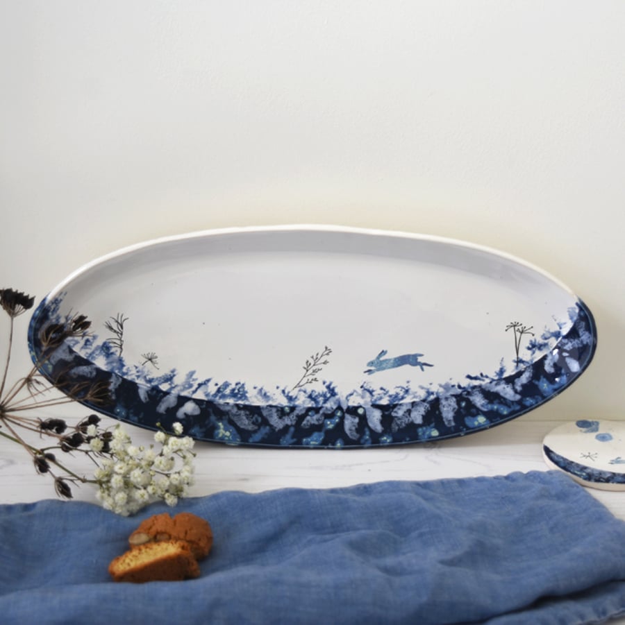 Hare-in-the-wild ceramic dish, blue and white serving dish, illustrated pottery 