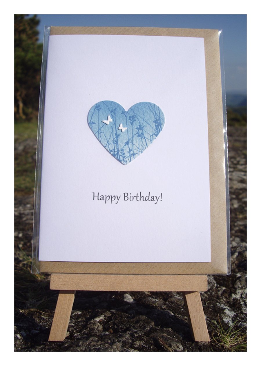 'Happy Birthday' Heart & Butterflies Blue Cyanotype Card 