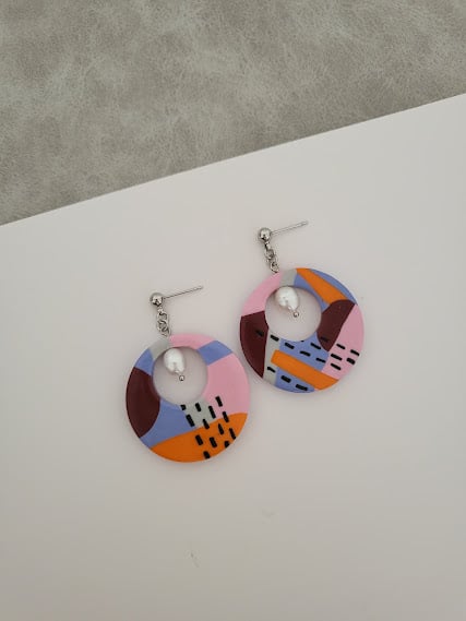 Handmade Polymer Clay Earrings with Pearl  - Abstract Bloom Earring
