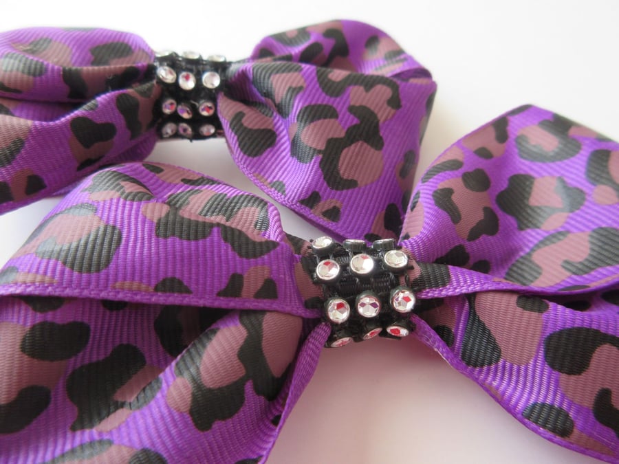 Hair Bow x 2 Purple and Black Leopard Animal Print Hair Clips