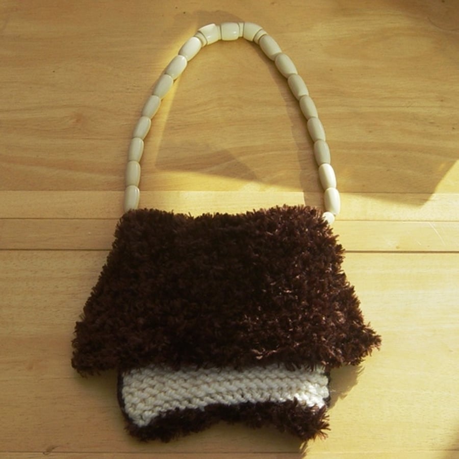 Chocolate Cream, Hand knitted Triple layer Handbag, Heavy Bead Strap.