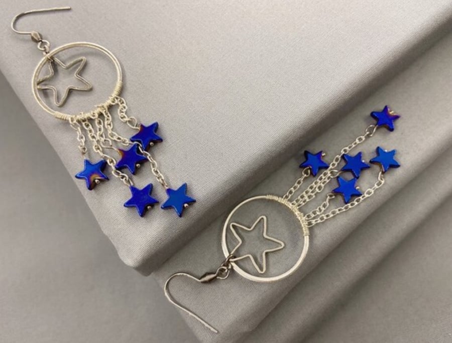 Blue Hematite Star Dangle Drop Earrings