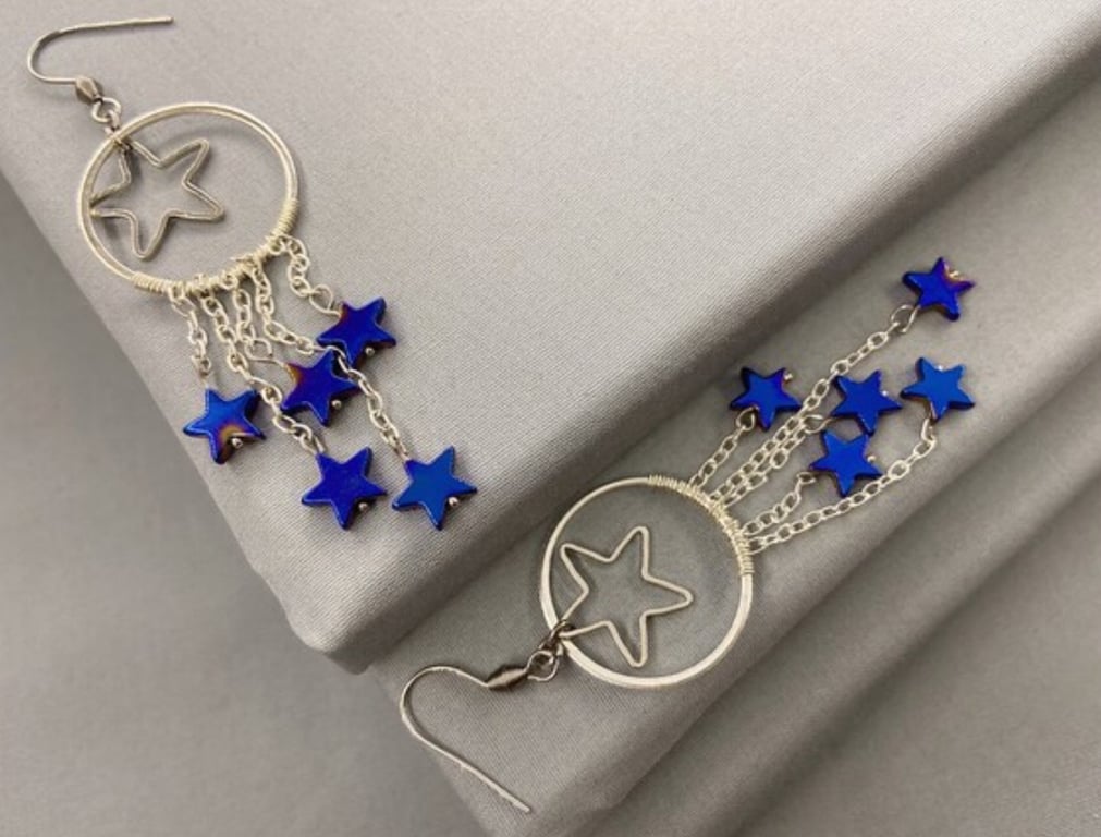 Blue Hematite Star Dangle Drop Earrings