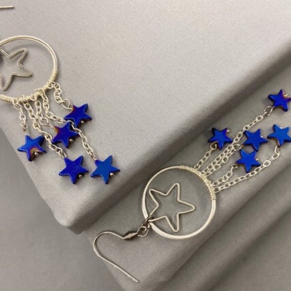 Blue Hematite Star Dangle Drop Earrings