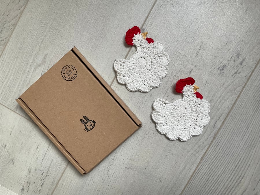 Crocheted chicken coasters, cottage decor, Easter gift, new home gift, handmade