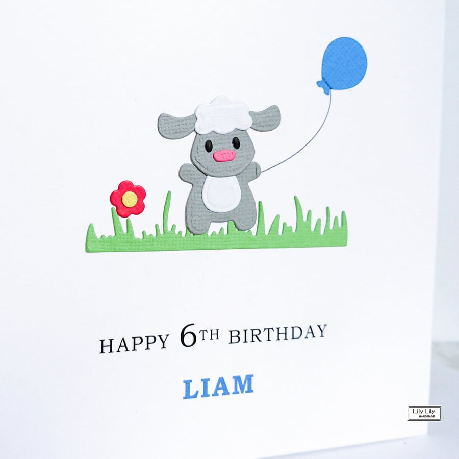 Personalised birthday card, Name and Age card, Little Lamb with blue balloon