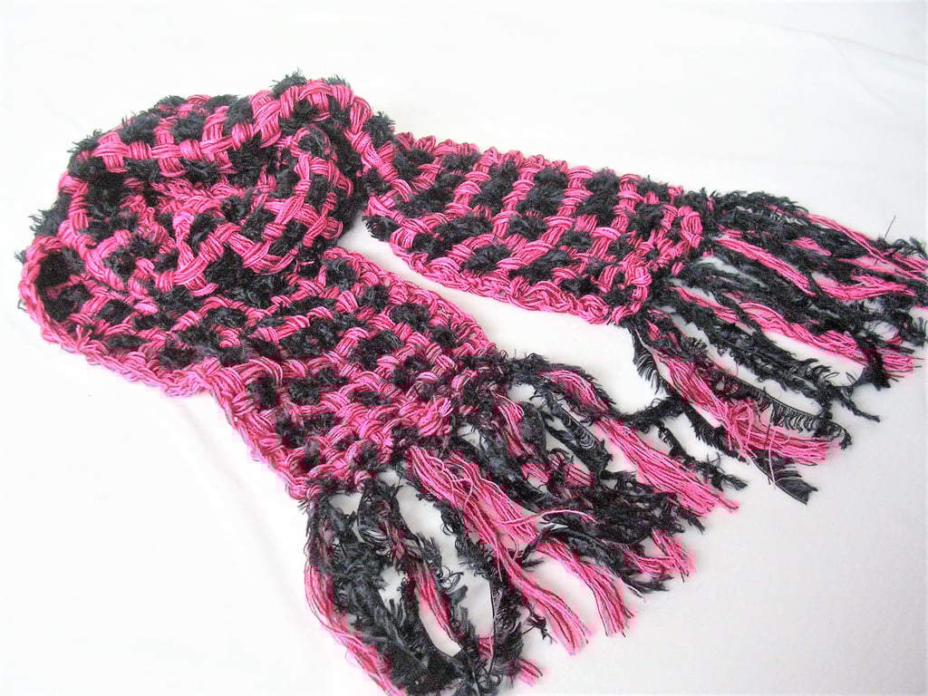 Hand Woven Pink and Black Scarf, Informal Loosely Woven