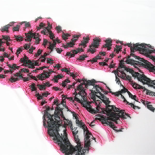 Hand Woven Pink and Black Scarf, Informal Loosely Woven