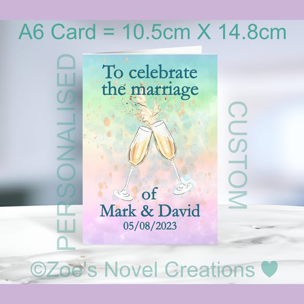 Same Sex Wedding Card, Male, personalised A6 size 10.5cm X 14.8cm 