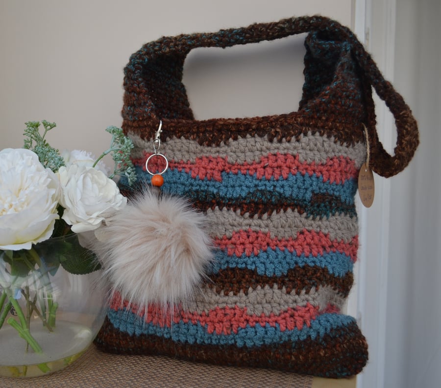 Gorgeous Chocolate Brown Bag with Beige, Blue and Pink