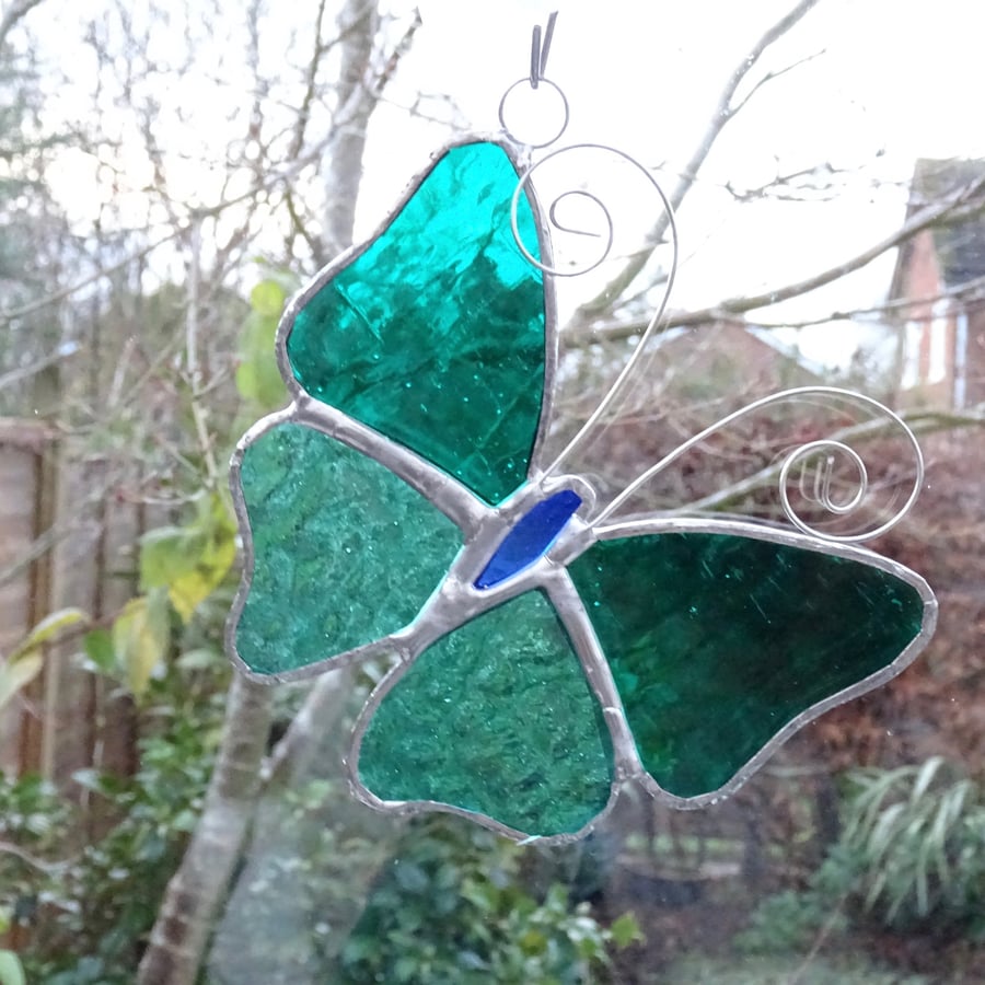 Stained Glass Butterfly Suncatcher - Handmade Decoration - Aqua