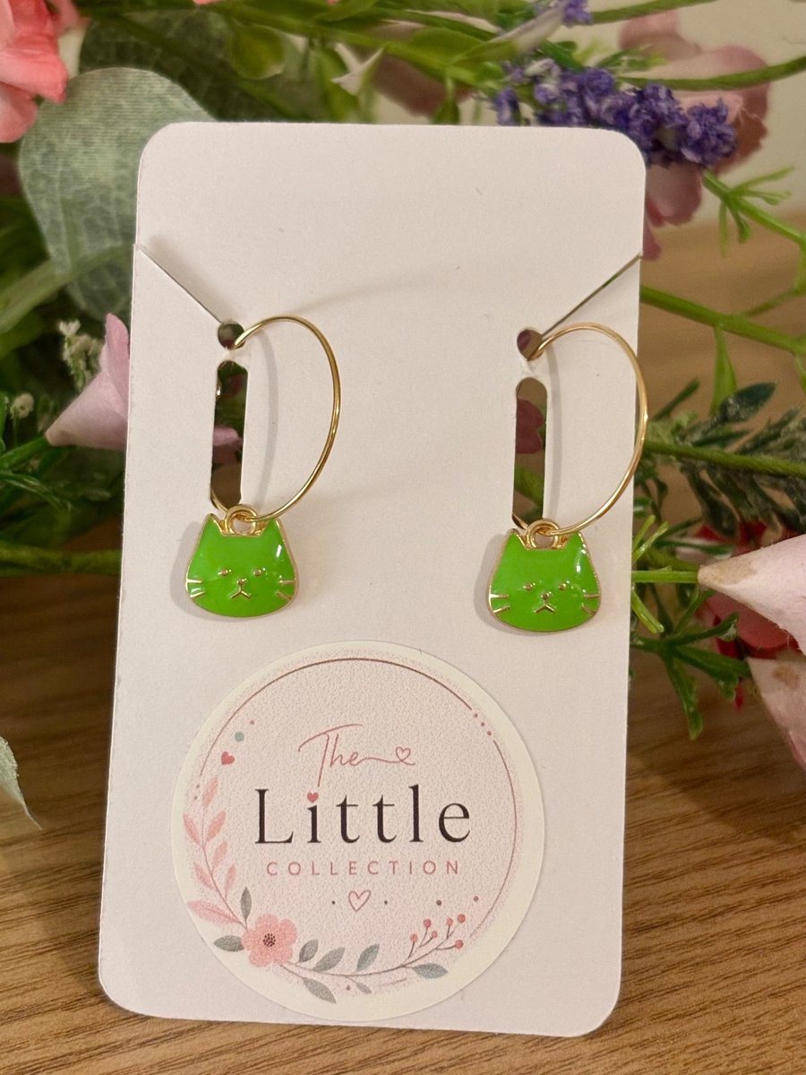 Green Cat Face Hoop Earrings, Enamel Charms, Handmade Jewellery 