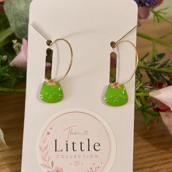 Green Cat Face Hoop Earrings, Enamel Charms, Handmade Jewellery 