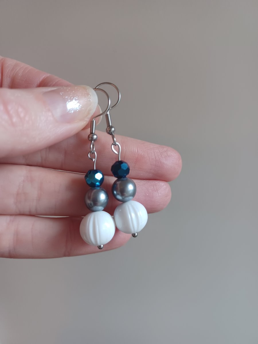 White, grey pearl and peacock blue beaded drop earrings
