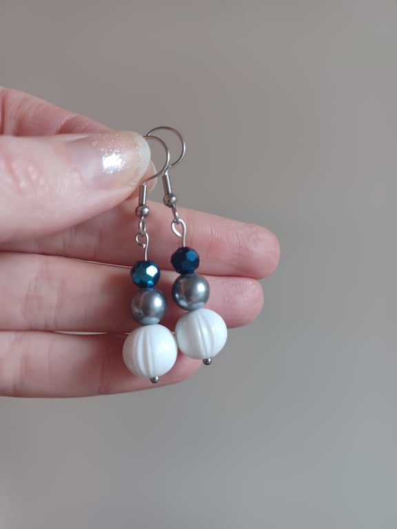 White, grey pearl and peacock blue beaded drop earrings