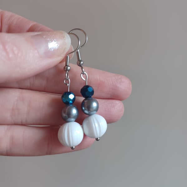 White, grey pearl and peacock blue beaded drop earrings