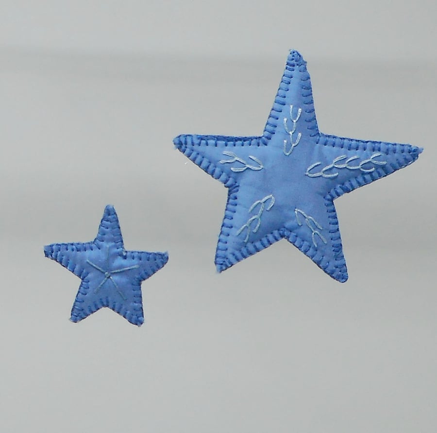 SOLD Hand embroidered silk star hanging ornaments - set of 2