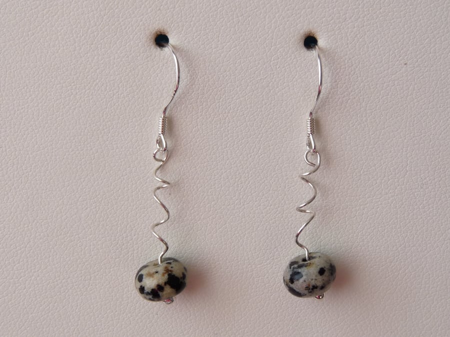 Dalmatian Jasper Spiral Earrings - Sterling Silver - Handmade - Genuine Gemstone