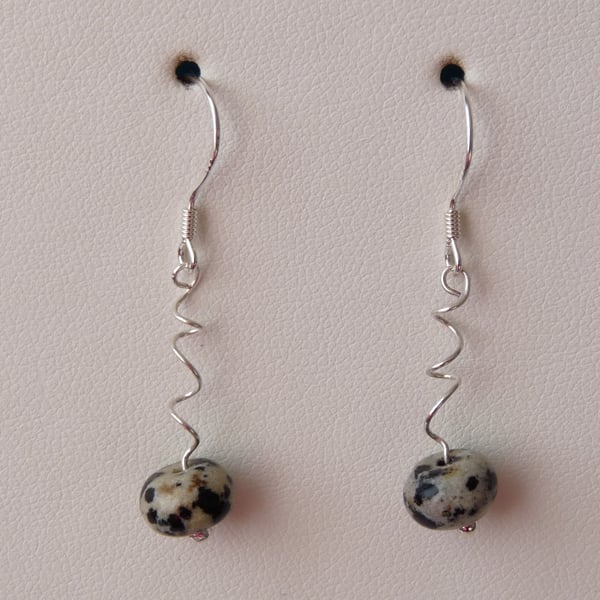 Dalmatian Jasper Spiral Earrings - Sterling Silver - Handmade - Genuine Gemstone