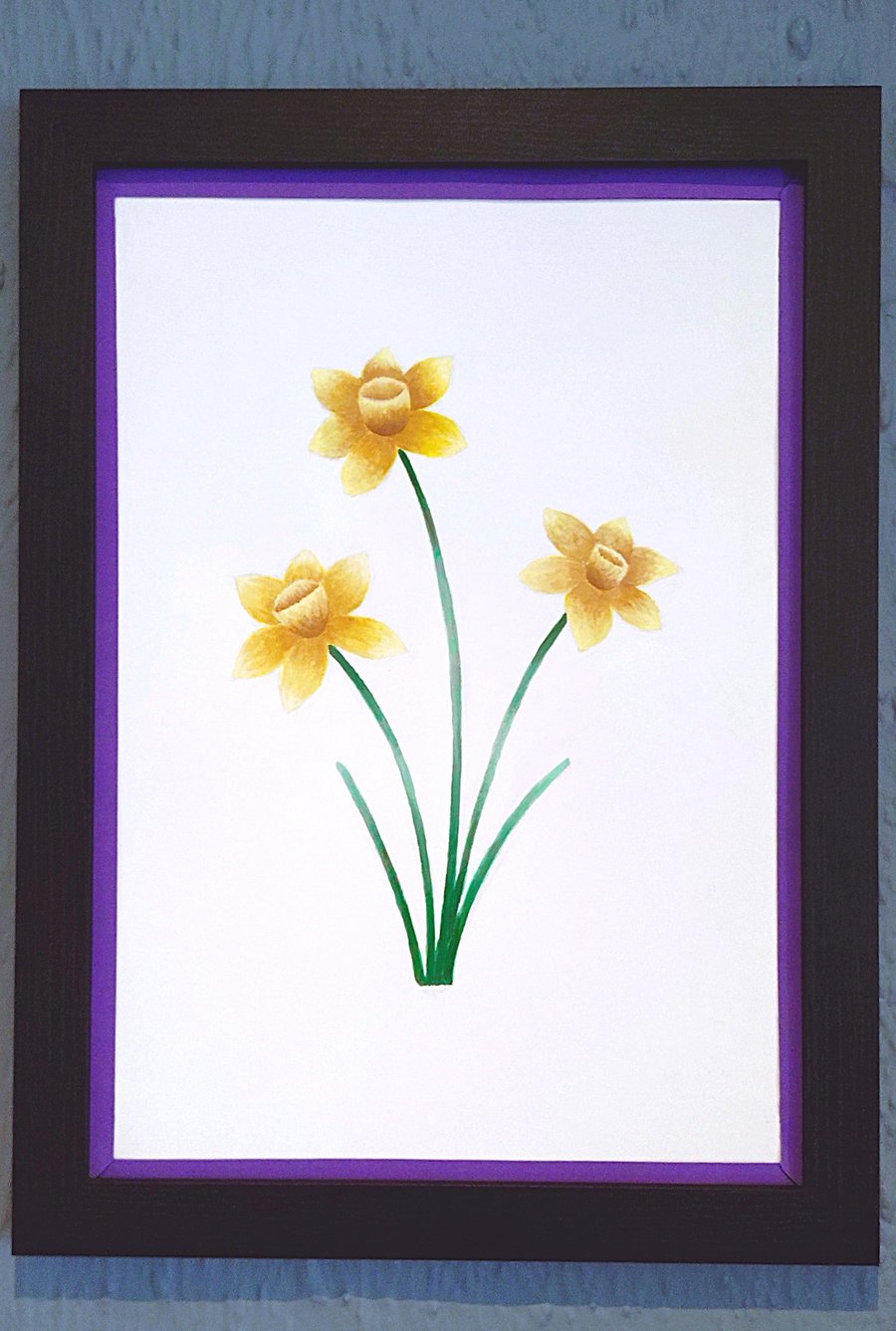 Genuine Made in UK Framed A3 Print Yellow Daffodils Bold Purple Border Wallart 
