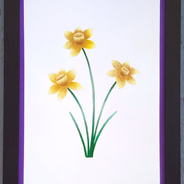 Genuine Made in UK Framed A3 Print Yellow Daffodils Bold Purple Border Wallart 