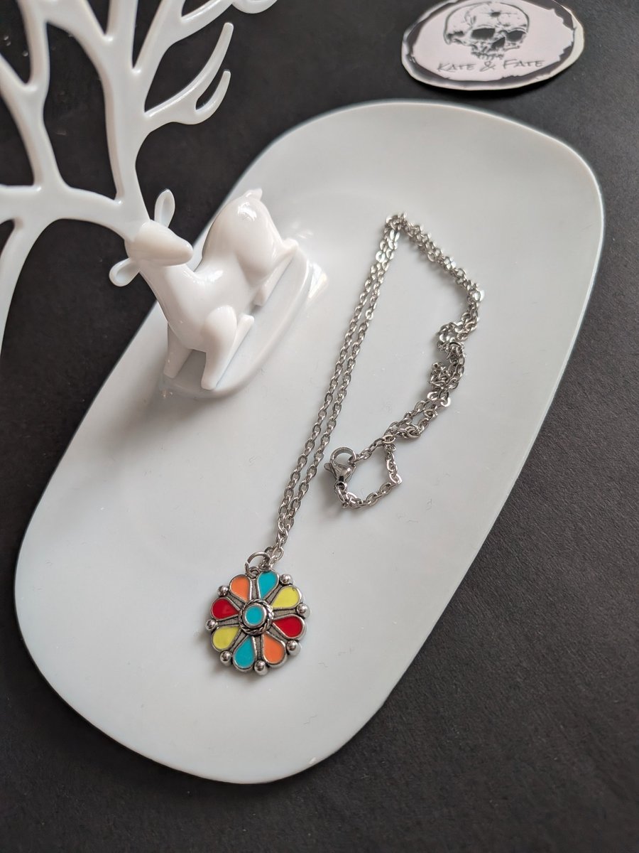 Colorful Flower Pendant Necklace - Handcrafted Enamel Floral Jewellery