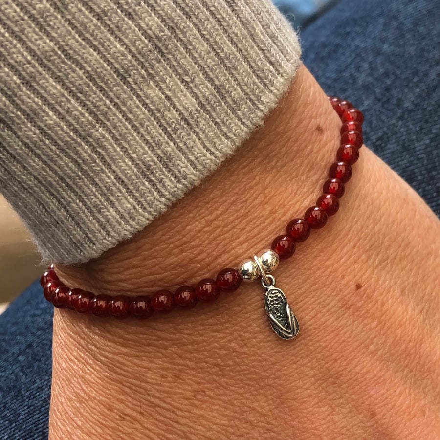 Red carnelian bracelet sterling silver flip flop charm 