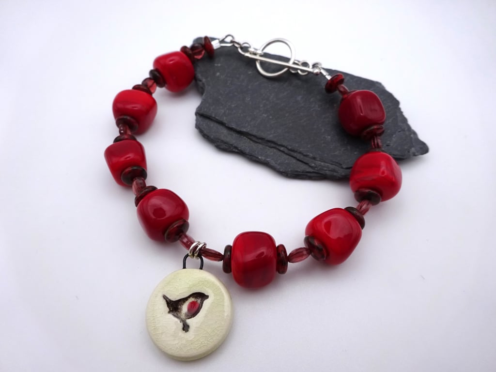 lampwork glass red robin bracelet