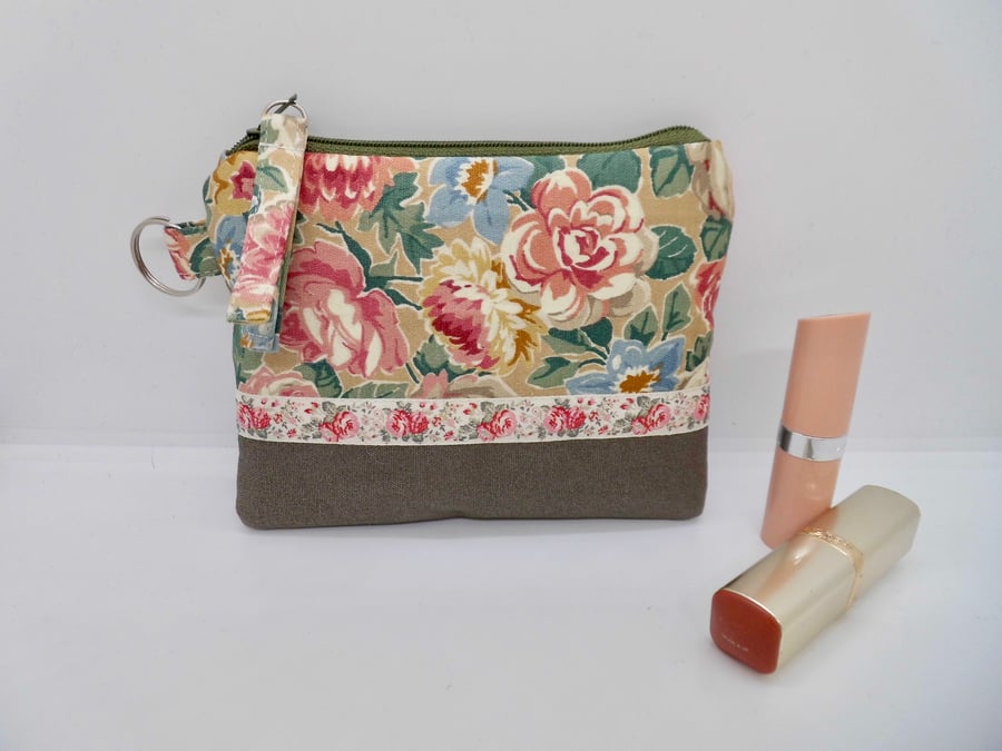 SOLD Make up or coin purse in Sanderson floral with rose printed ribbon