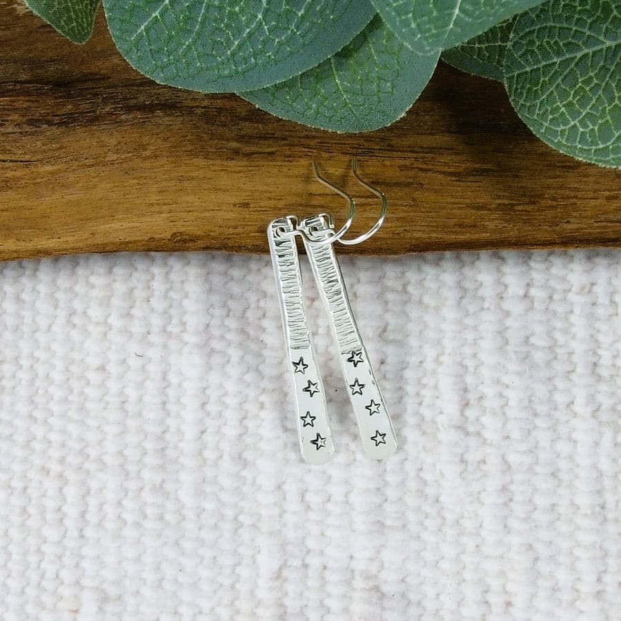 Earrings, Sterling Silver Long Teardrops with Stars