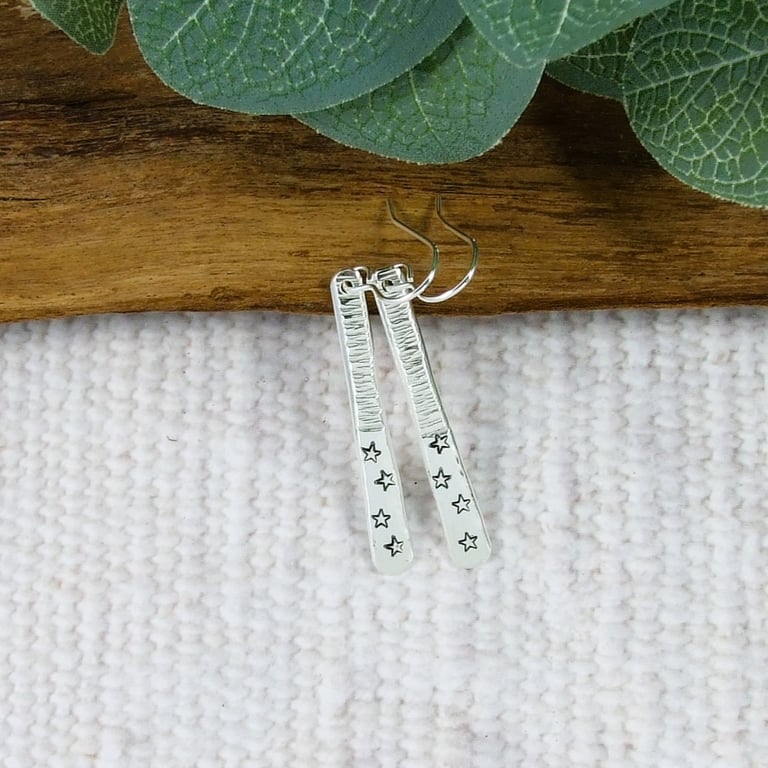 Earrings, Sterling Silver Long Teardrops with Stars
