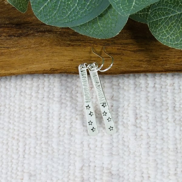 Earrings, Sterling Silver Long Teardrops with Stars